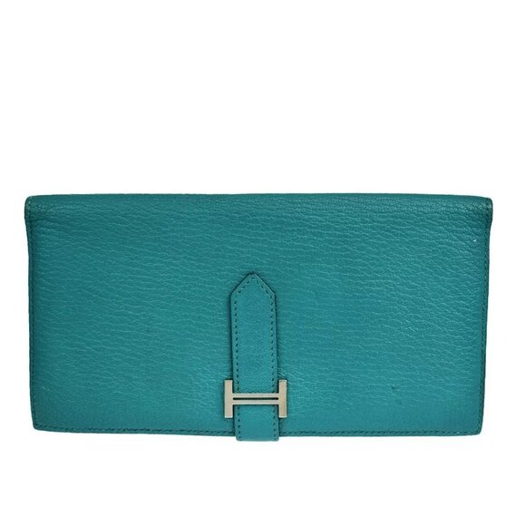 HERMES H Logo Bearn Long Bifold Wallet Purse Chevre Leather Green 32RH514